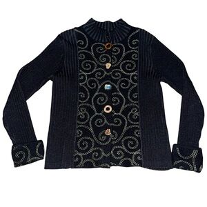 Icelandic Design Black Wool Embroidered Button Front Cardigan Sweater Womens M